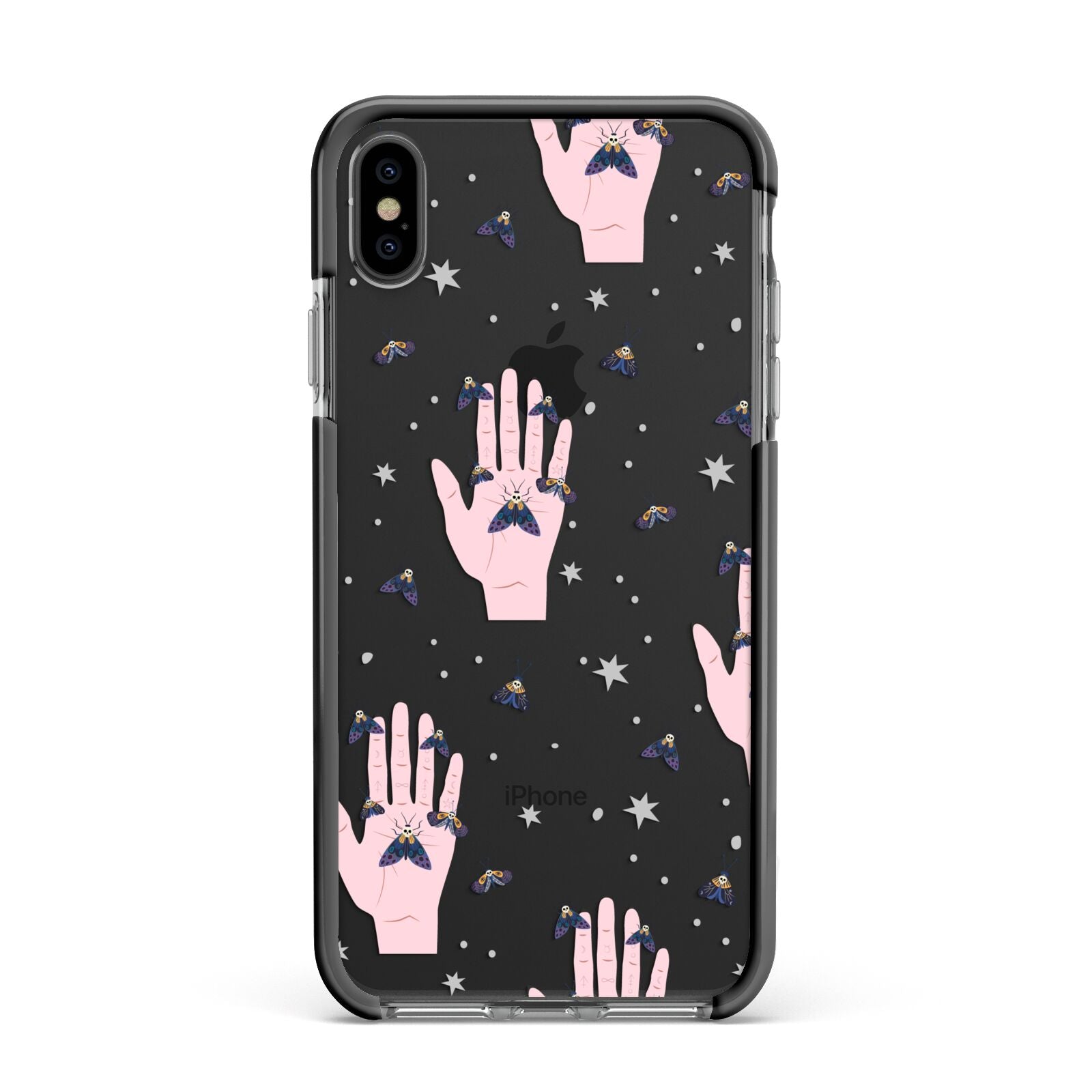 Fortune Teller Hands and Skull Moths Apple iPhone Xs Max Impact Case Black Edge on Black Phone