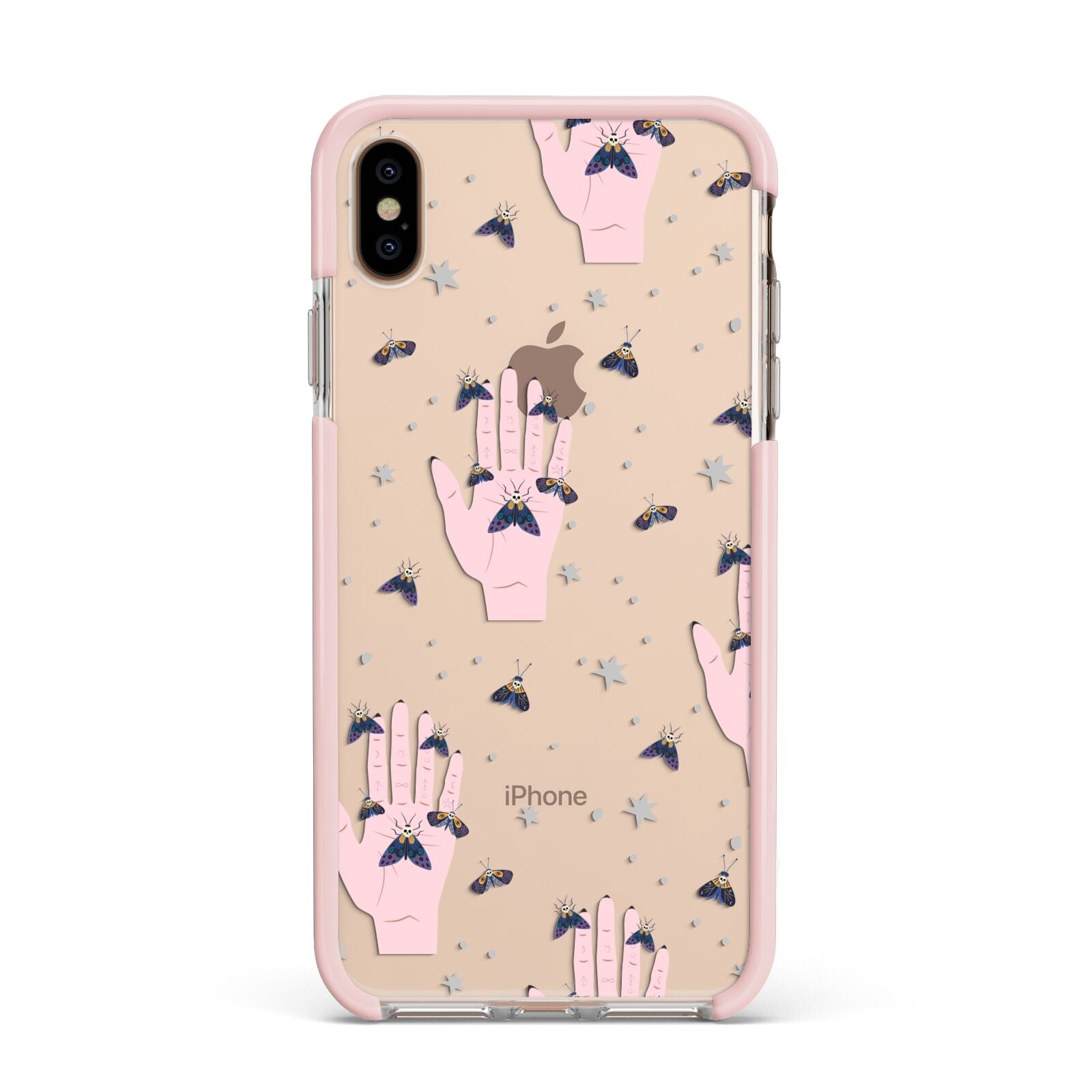 Fortune Teller Hands and Skull Moths Apple iPhone Xs Max Impact Case Pink Edge on Gold Phone