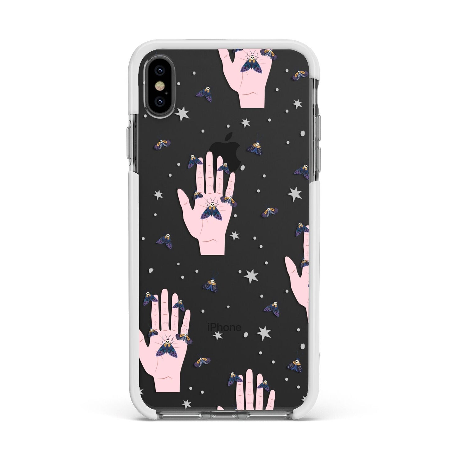 Fortune Teller Hands and Skull Moths Apple iPhone Xs Max Impact Case White Edge on Black Phone