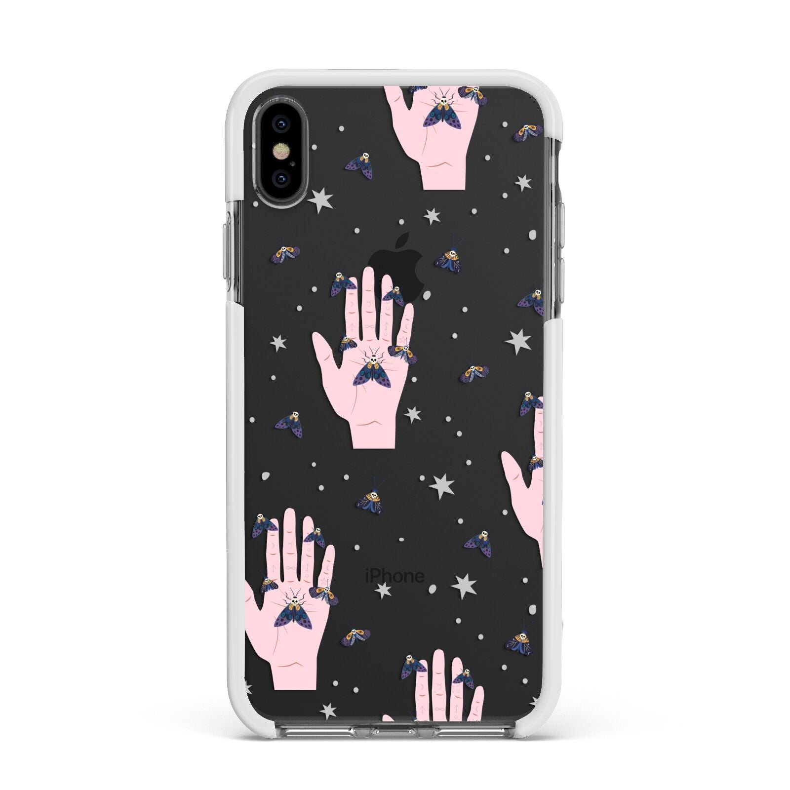 Fortune Teller Hands and Skull Moths Apple iPhone Xs Max Impact Case White Edge on Black Phone