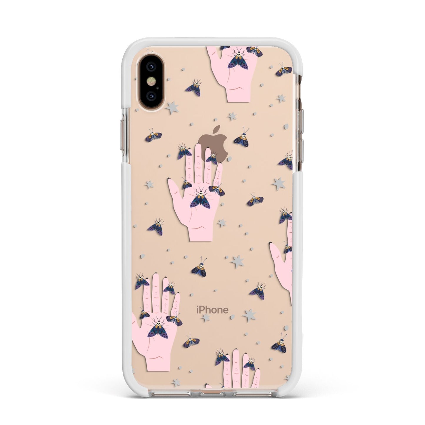 Fortune Teller Hands and Skull Moths Apple iPhone Xs Max Impact Case White Edge on Gold Phone