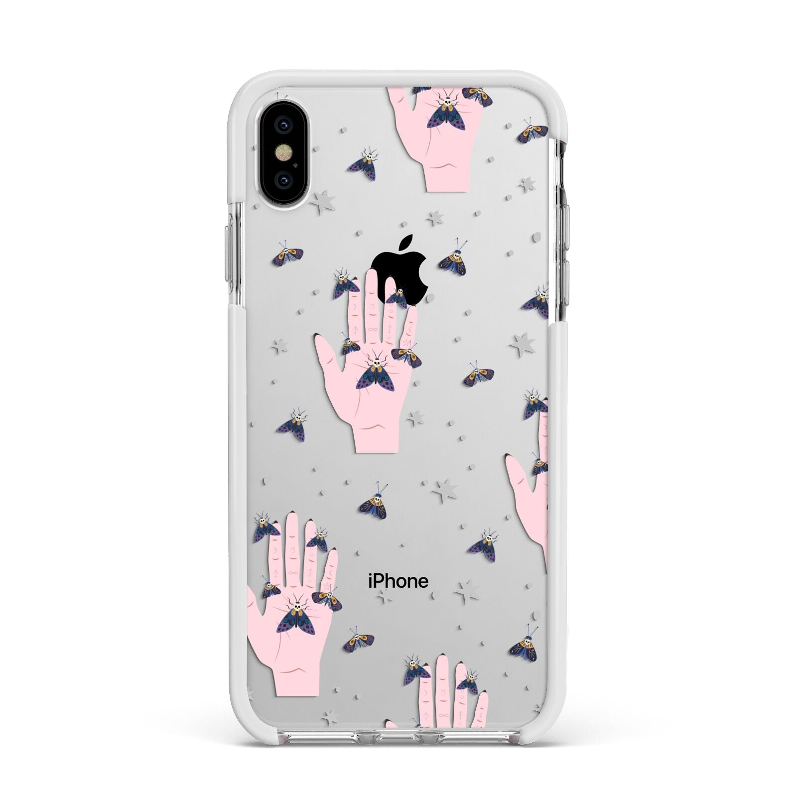 Fortune Teller Hands and Skull Moths Apple iPhone Xs Max Impact Case White Edge on Silver Phone