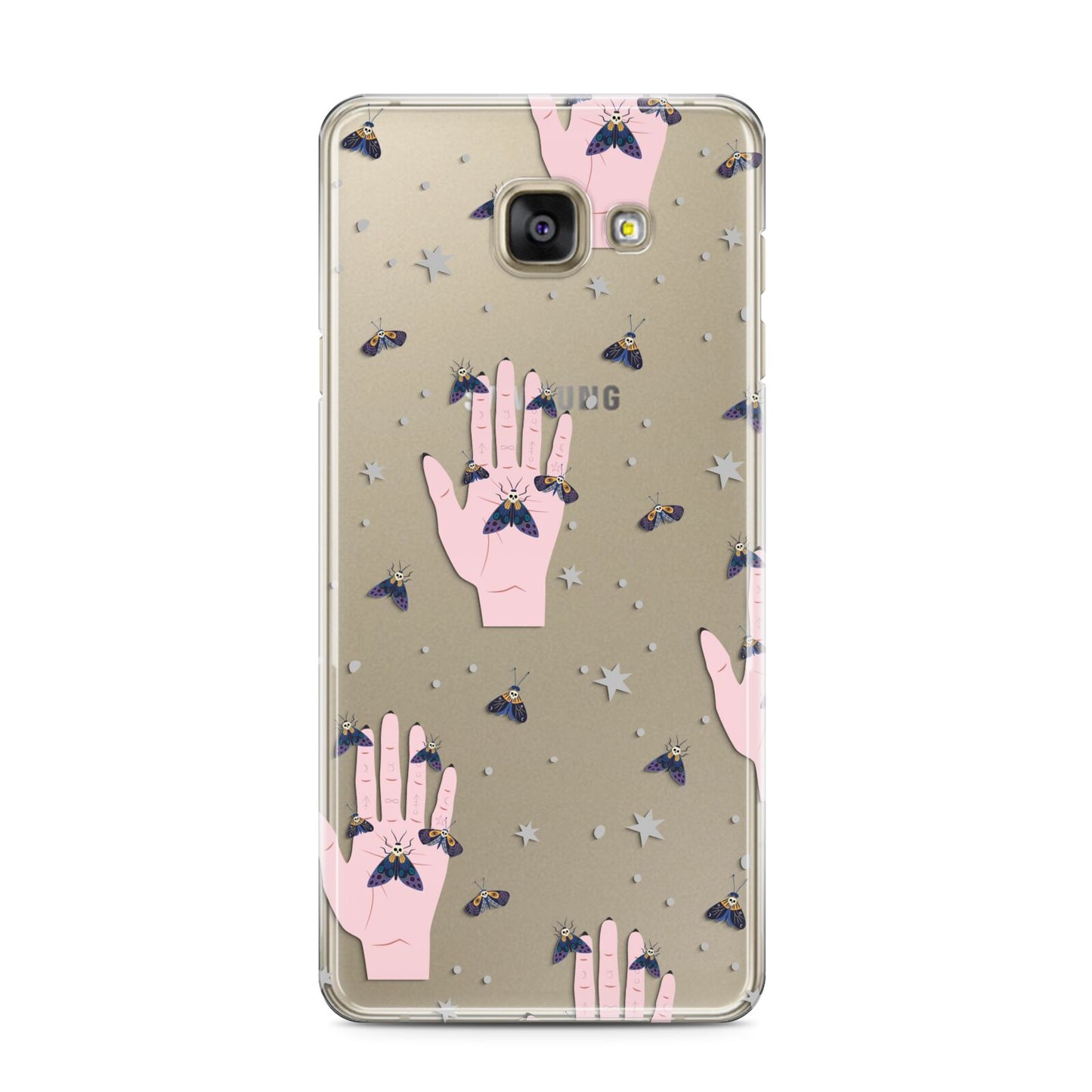Fortune Teller Hands and Skull Moths Samsung Galaxy A3 2016 Case on gold phone