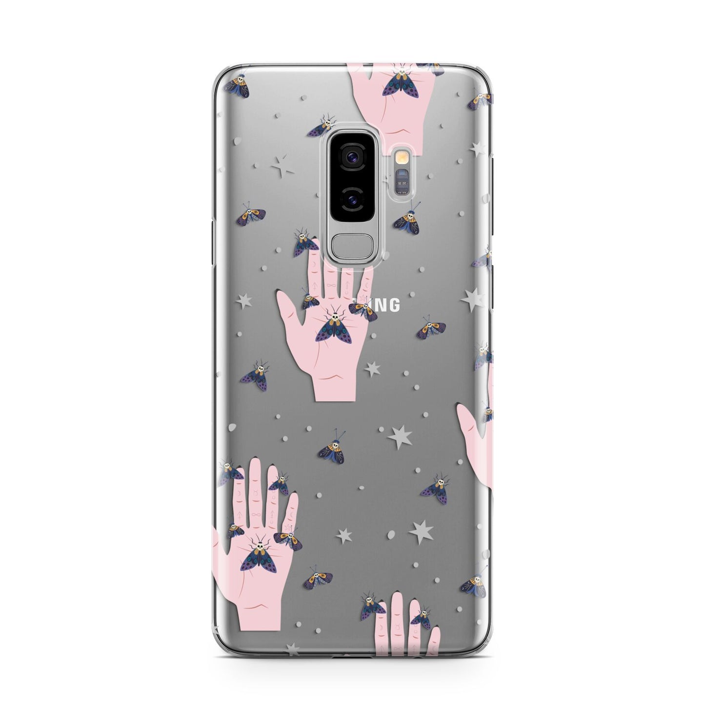 Fortune Teller Hands and Skull Moths Samsung Galaxy S9 Plus Case on Silver phone