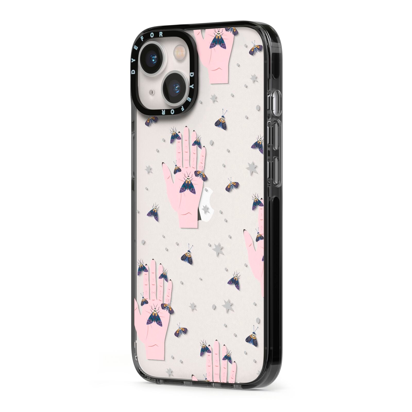 Fortune Teller Hands and Skull Moths iPhone 13 Black Impact Case Side Angle on Silver phone
