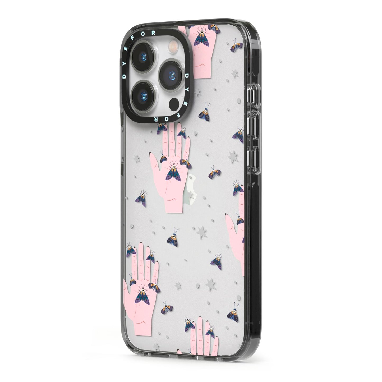 Fortune Teller Hands and Skull Moths iPhone 13 Pro Black Impact Case Side Angle on Silver phone