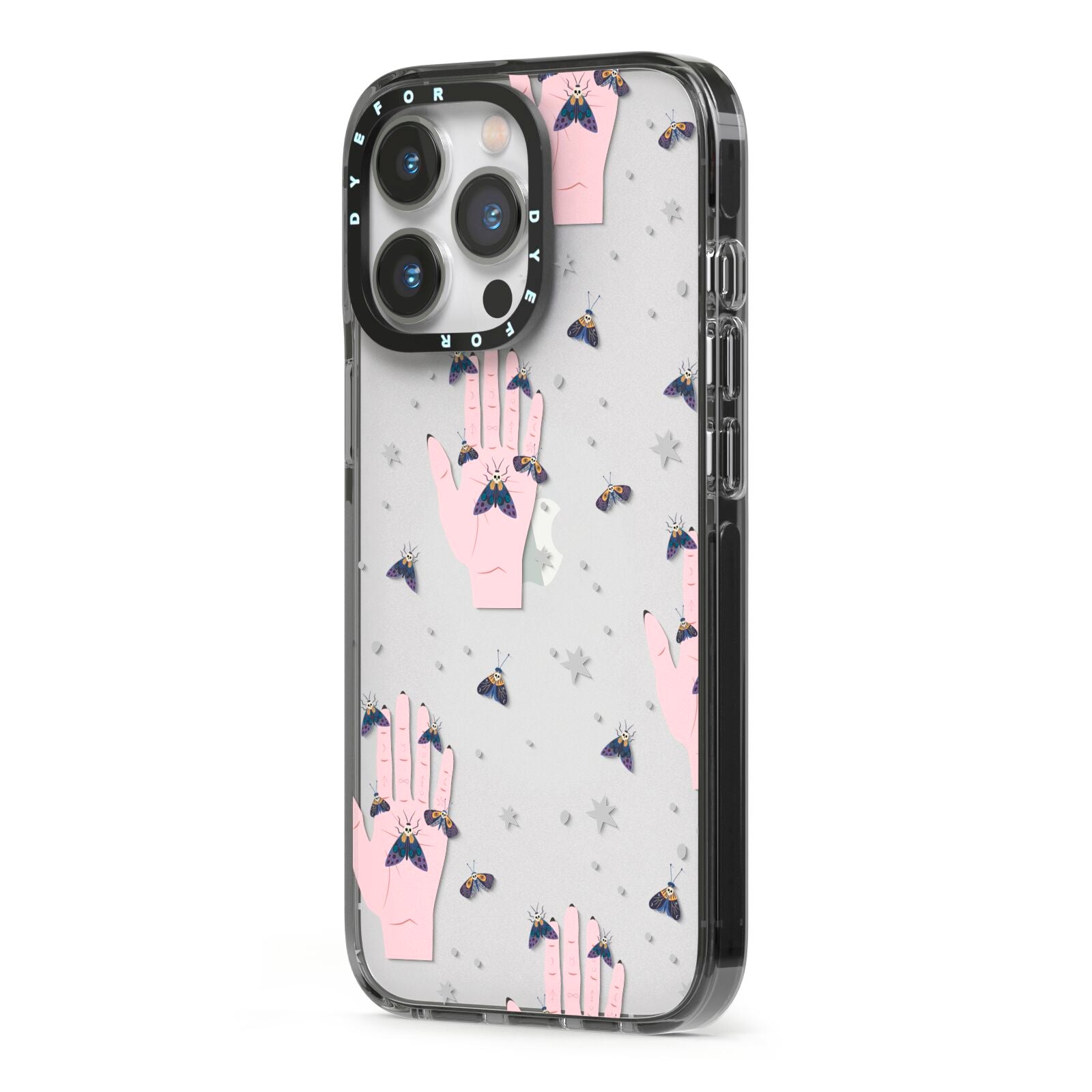Fortune Teller Hands and Skull Moths iPhone 13 Pro Black Impact Case Side Angle on Silver phone