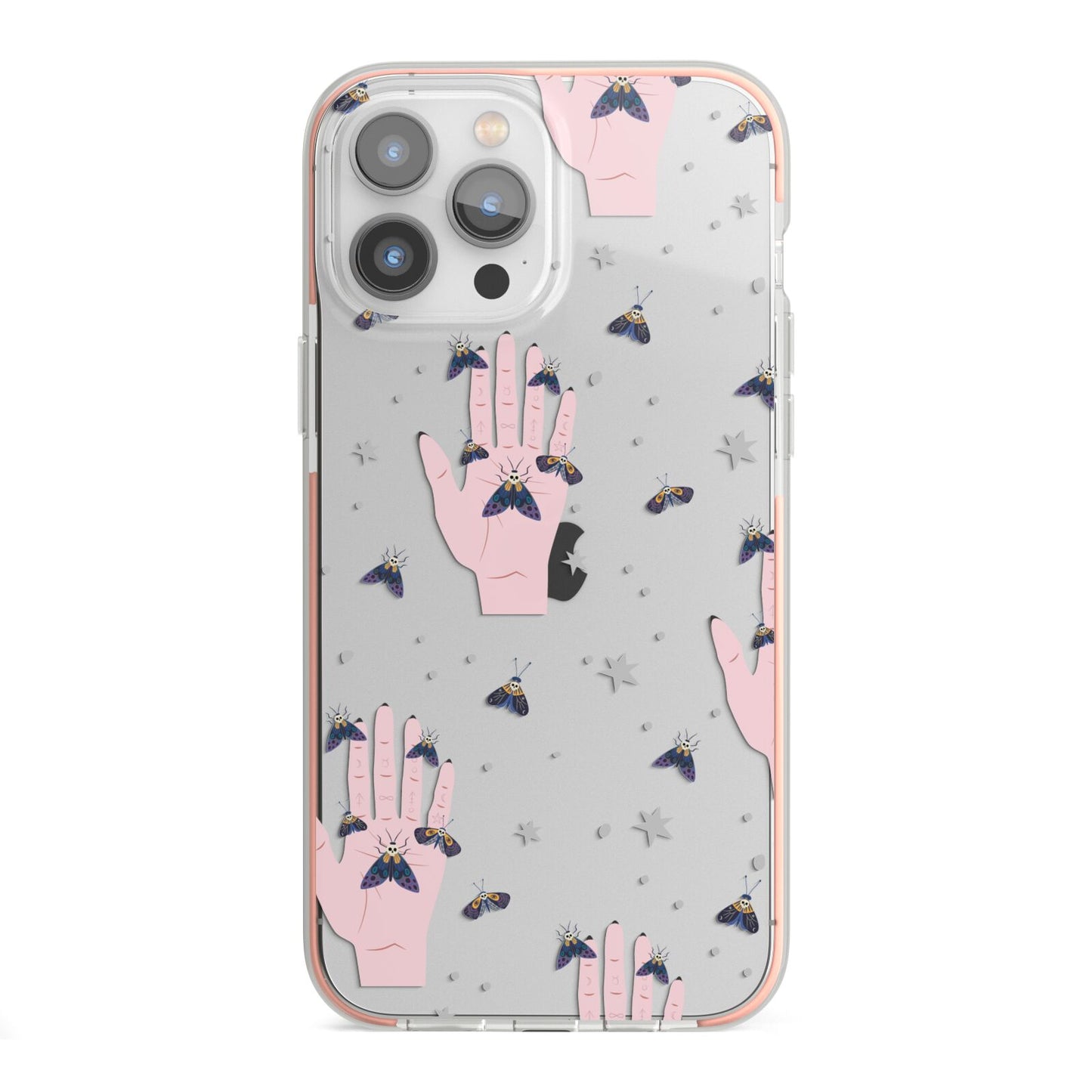 Fortune Teller Hands and Skull Moths iPhone 13 Pro Max TPU Impact Case with Pink Edges