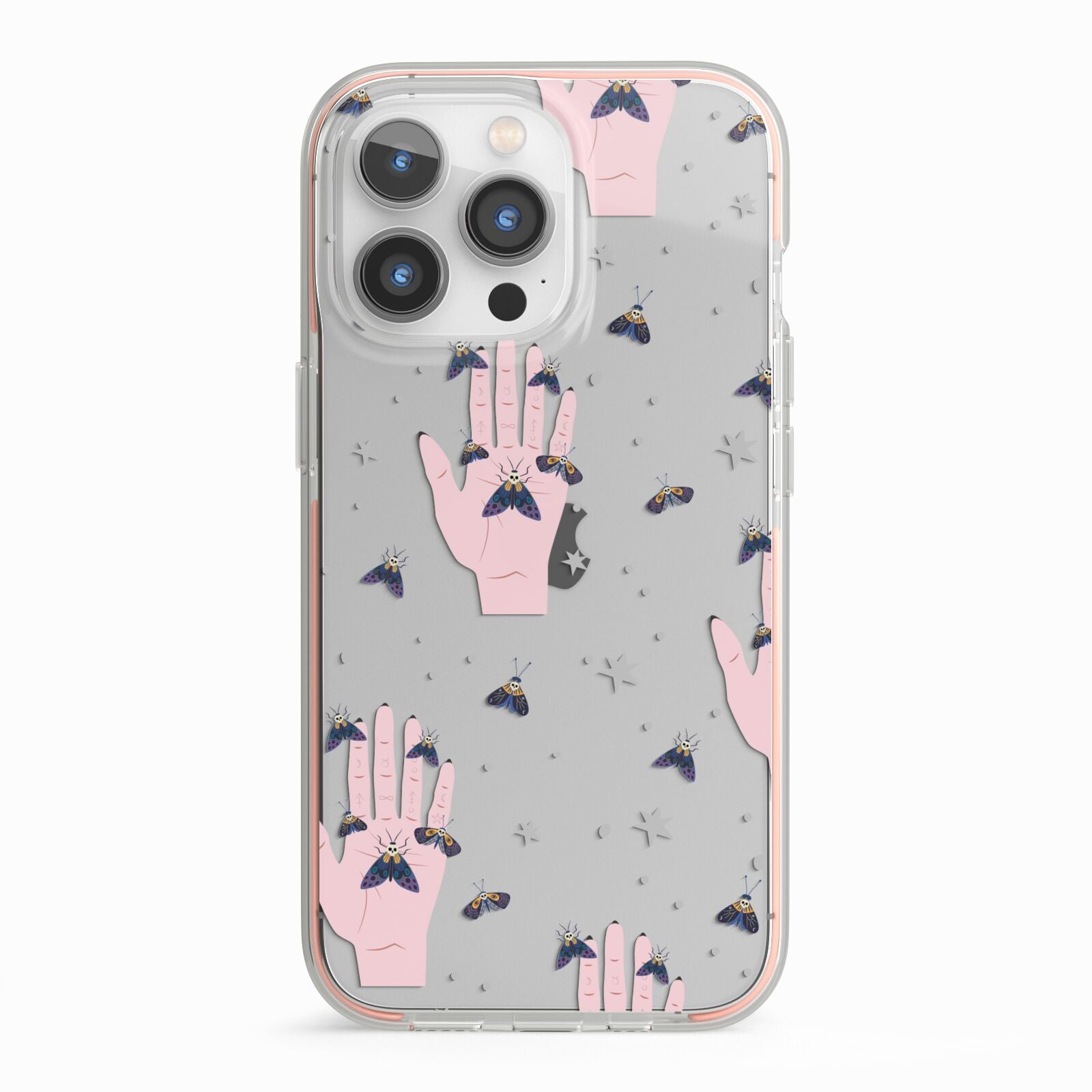 Fortune Teller Hands and Skull Moths iPhone 13 Pro TPU Impact Case with Pink Edges