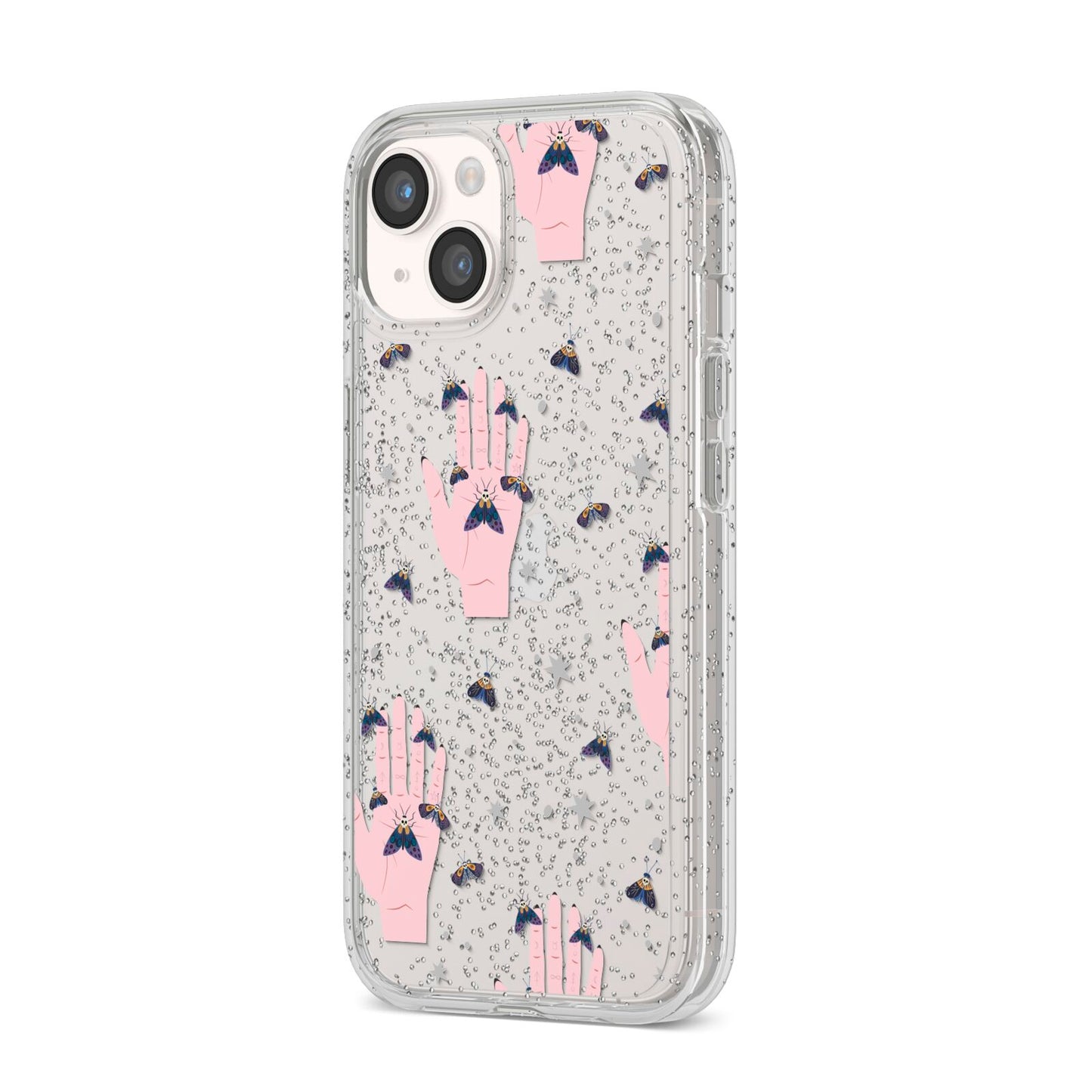 Fortune Teller Hands and Skull Moths iPhone 14 Glitter Tough Case Starlight Angled Image