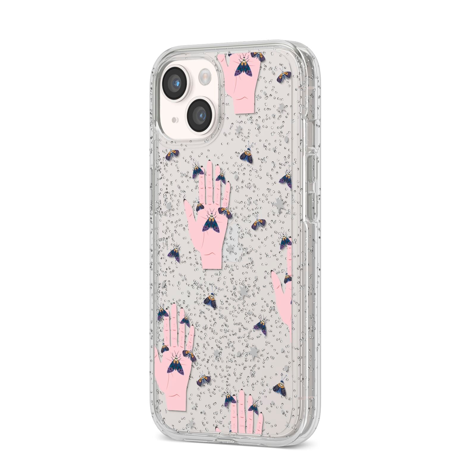 Fortune Teller Hands and Skull Moths iPhone 14 Glitter Tough Case Starlight Angled Image