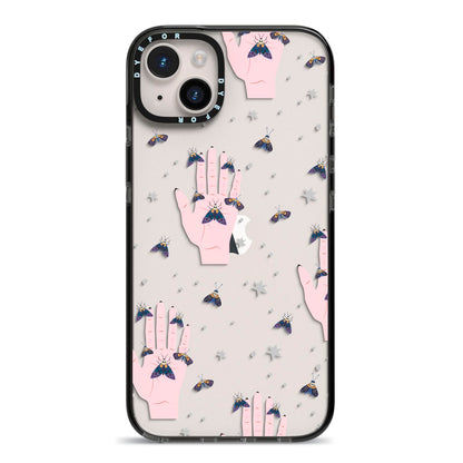 Fortune Teller Hands and Skull Moths iPhone 14 Plus Black Impact Case on Silver phone