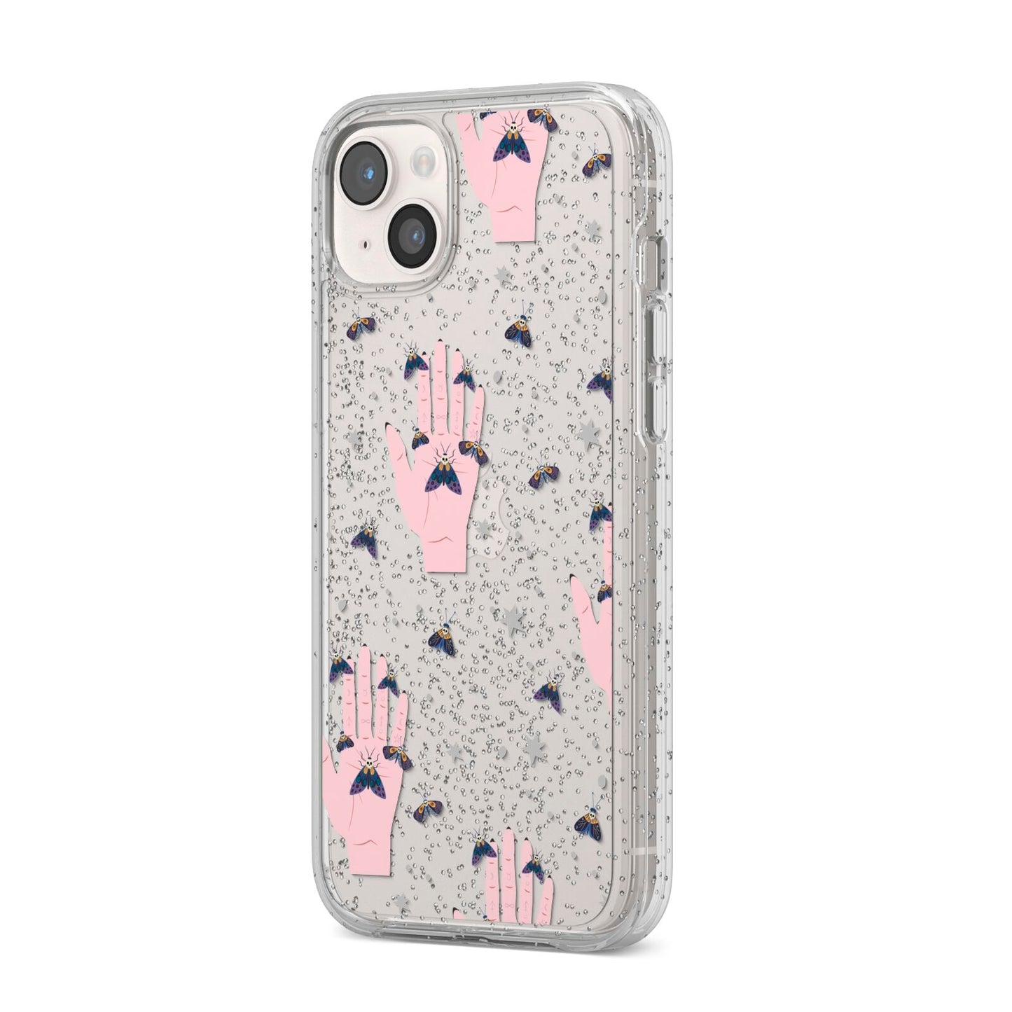 Fortune Teller Hands and Skull Moths iPhone 14 Plus Glitter Tough Case Starlight Angled Image
