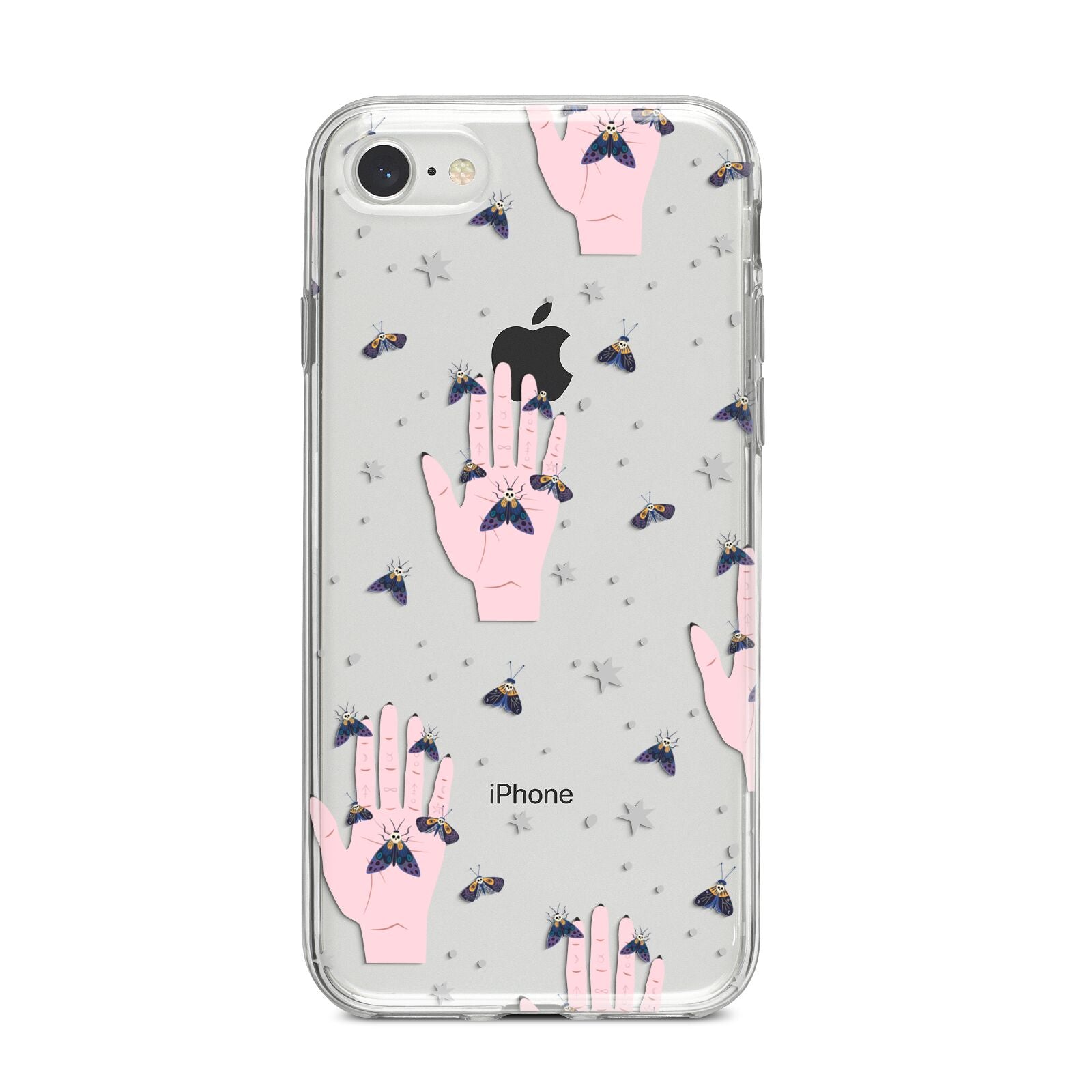 Fortune Teller Hands and Skull Moths iPhone 8 Bumper Case on Silver iPhone