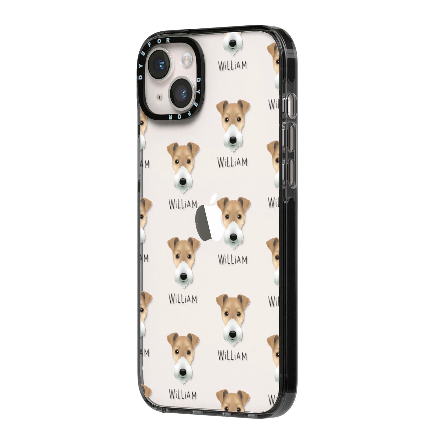 Fox Terrier Icon with Name iPhone 14 Plus Black Impact Case Side Angle on Silver phone