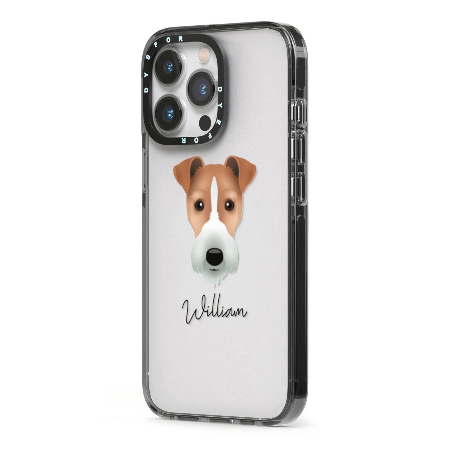Fox Terrier Personalised iPhone 13 Pro Black Impact Case Side Angle on Silver phone