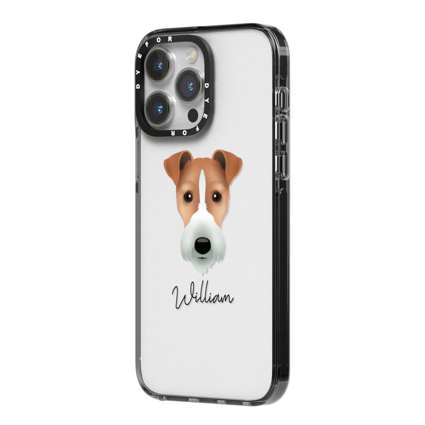 Fox Terrier Personalised iPhone 14 Pro Max Black Impact Case Side Angle on Silver phone
