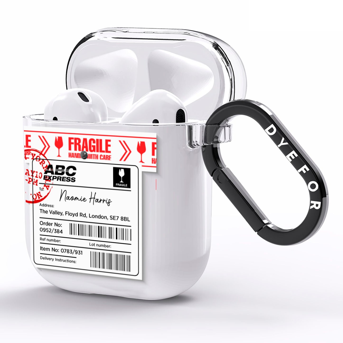 Fragile Delivery Labels with Name AirPods Clear Case Side Image