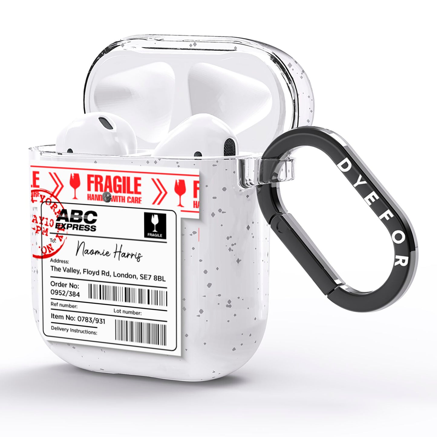 Fragile Delivery Labels with Name AirPods Glitter Case Side Image