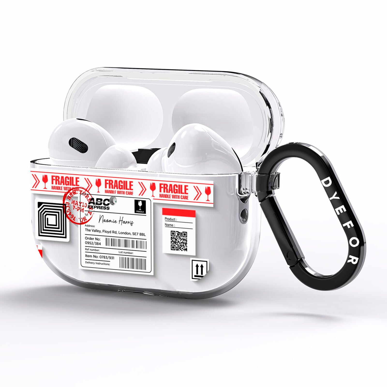 Fragile Delivery Labels with Name AirPods Pro Clear Case Side Image