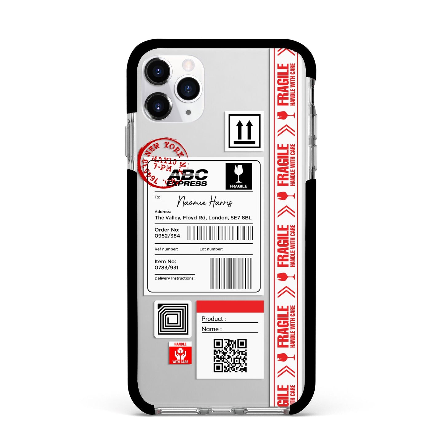 Fragile Delivery Labels with Name Apple iPhone 11 Pro Max in Silver with Black Impact Case
