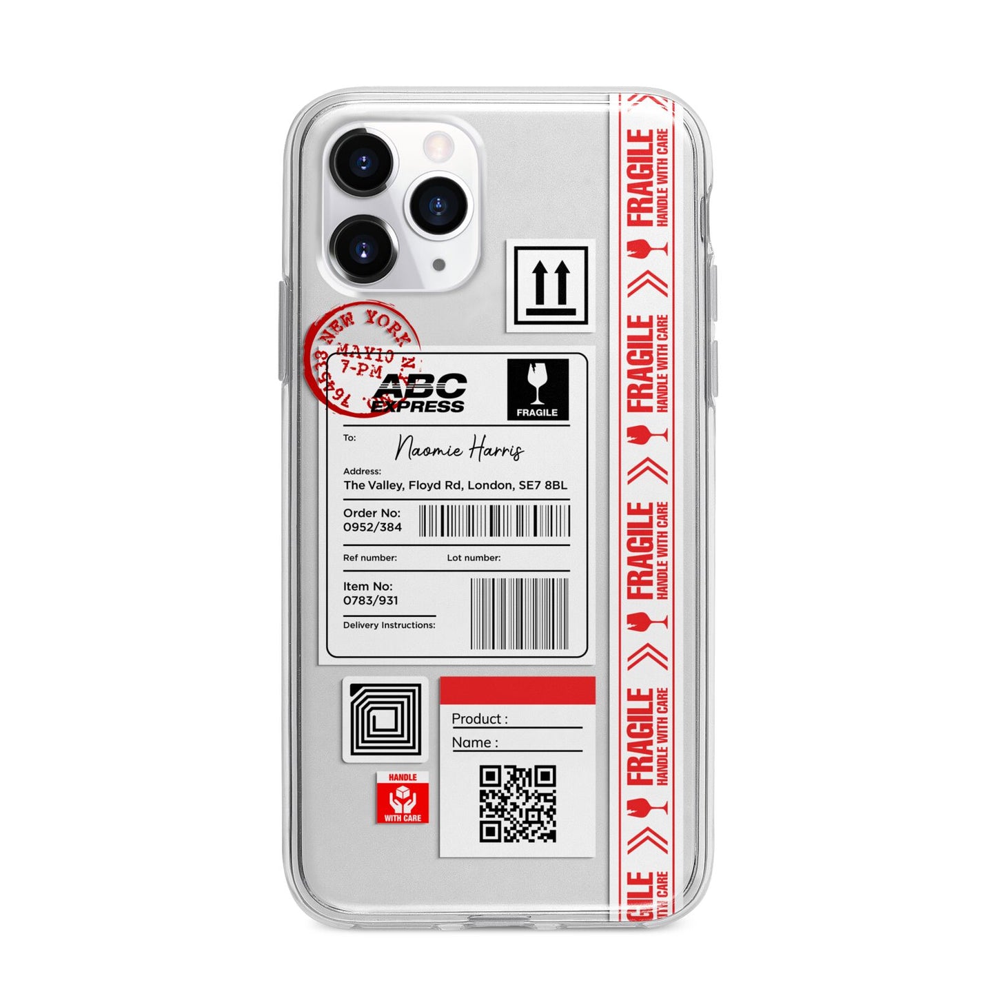 Fragile Delivery Labels with Name Apple iPhone 11 Pro Max in Silver with Bumper Case