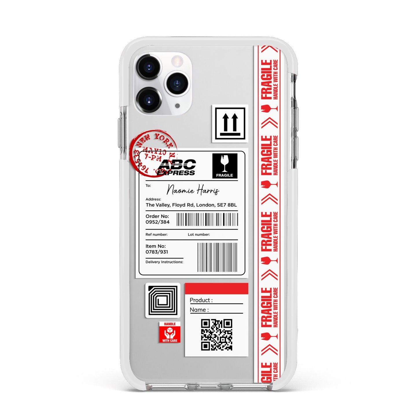 Fragile Delivery Labels with Name Apple iPhone 11 Pro Max in Silver with White Impact Case