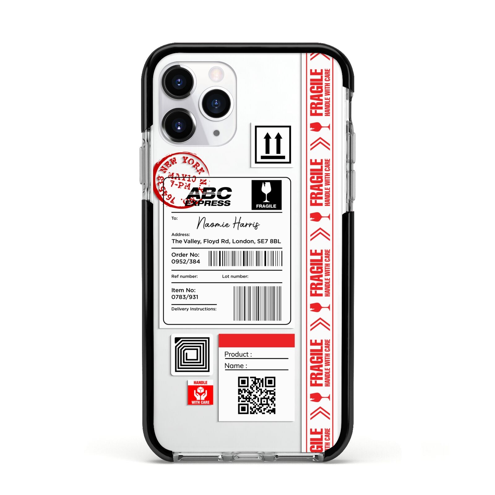 Fragile Delivery Labels with Name Apple iPhone 11 Pro in Silver with Black Impact Case