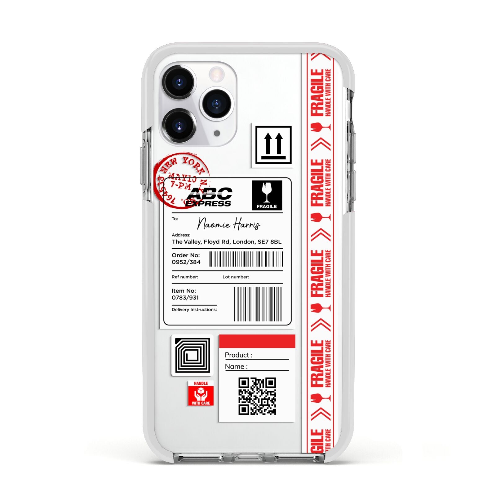 Fragile Delivery Labels with Name Apple iPhone 11 Pro in Silver with White Impact Case