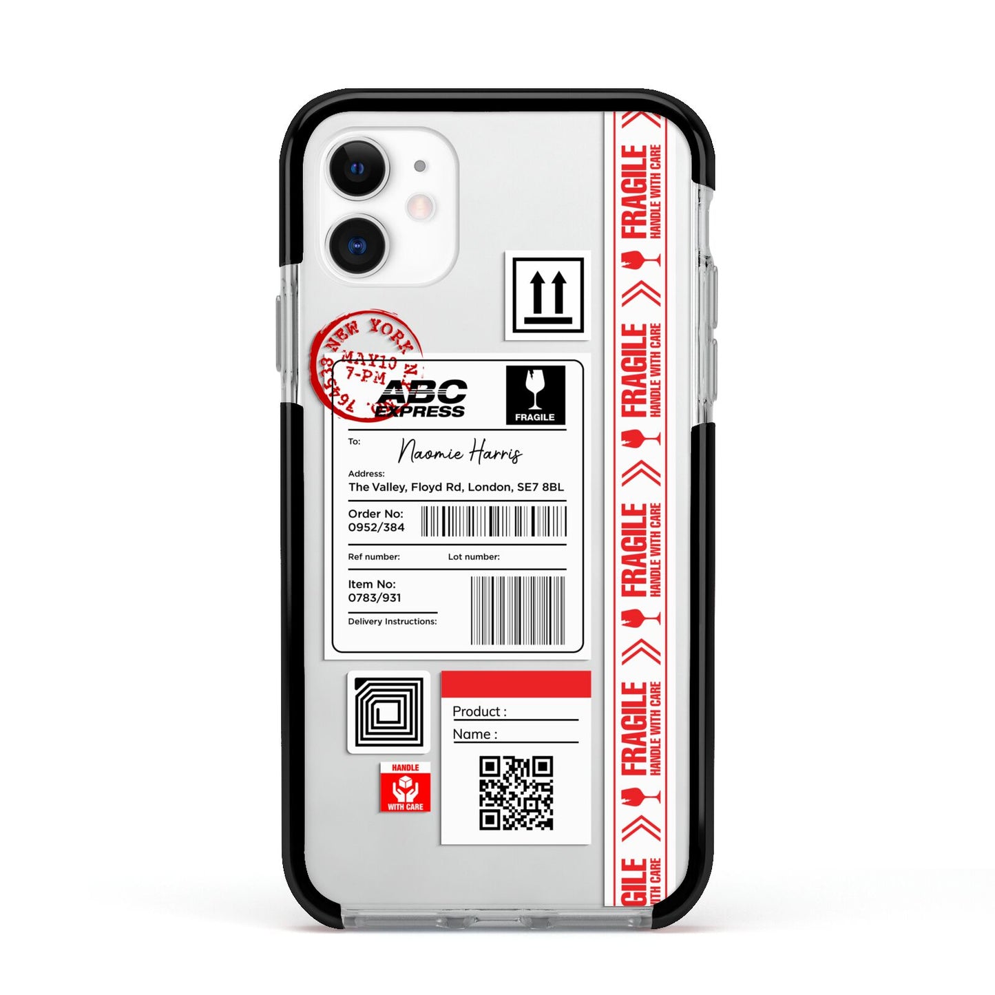 Fragile Delivery Labels with Name Apple iPhone 11 in White with Black Impact Case