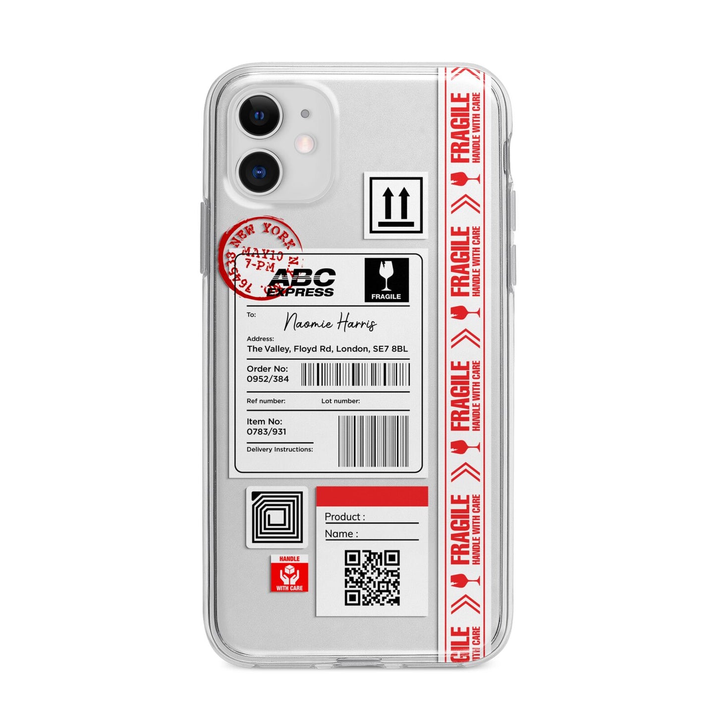 Fragile Delivery Labels with Name Apple iPhone 11 in White with Bumper Case