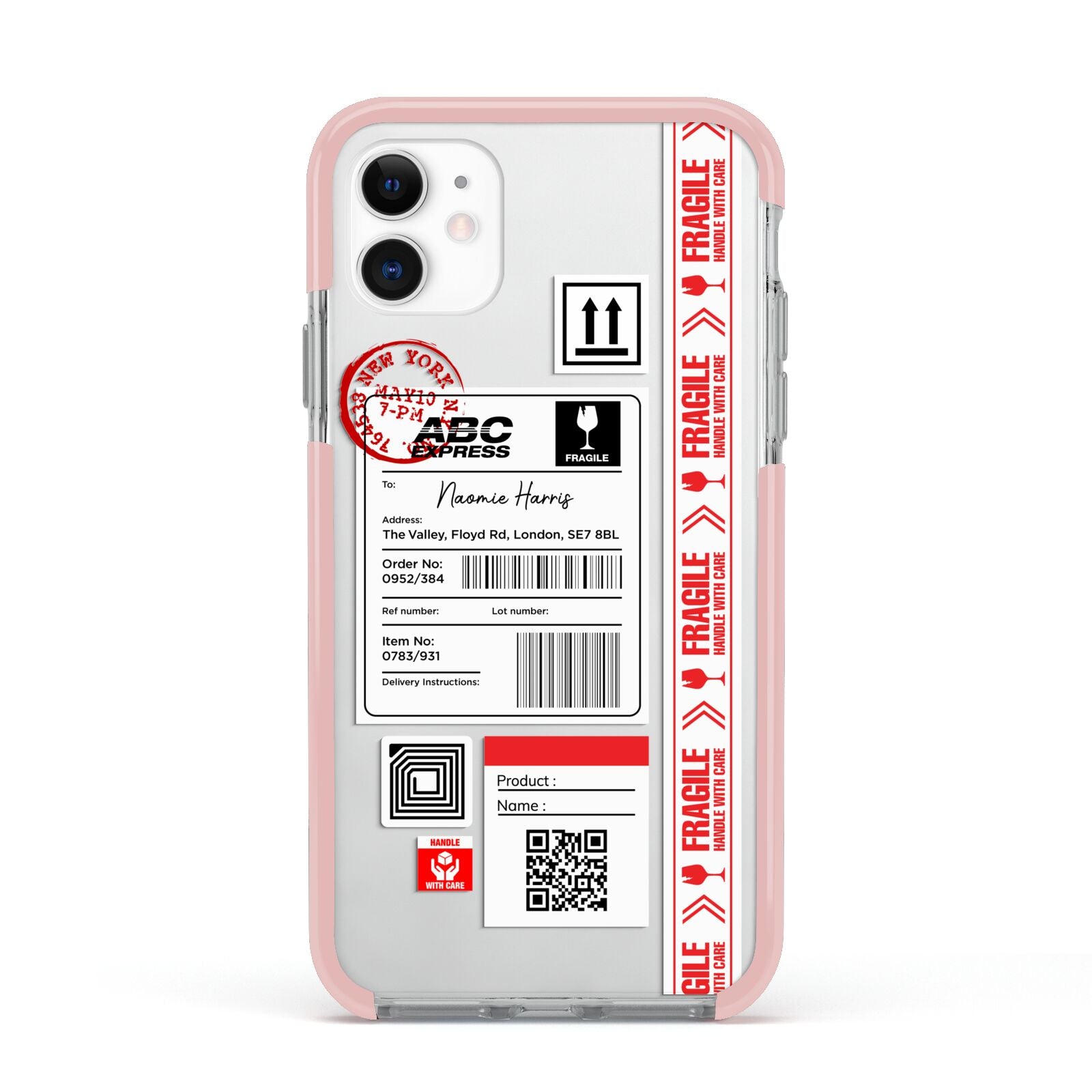 Fragile Delivery Labels with Name Apple iPhone 11 in White with Pink Impact Case