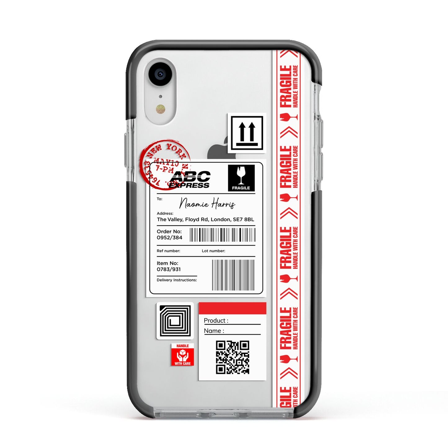 Fragile Delivery Labels with Name Apple iPhone XR Impact Case Black Edge on Silver Phone