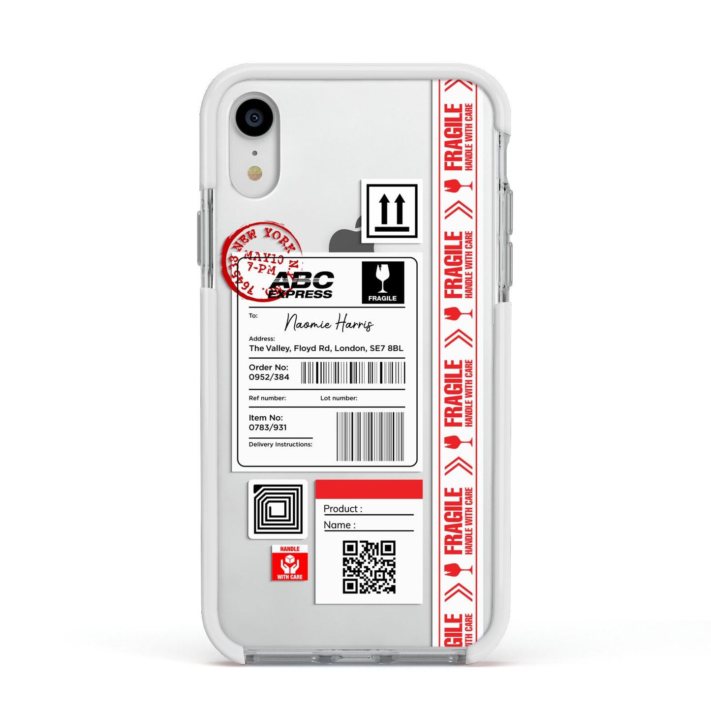 Fragile Delivery Labels with Name Apple iPhone XR Impact Case White Edge on Silver Phone