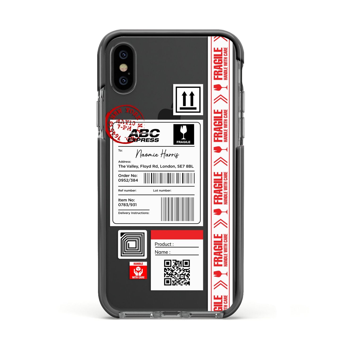 Fragile Delivery Labels with Name Apple iPhone Xs Impact Case Black Edge on Black Phone