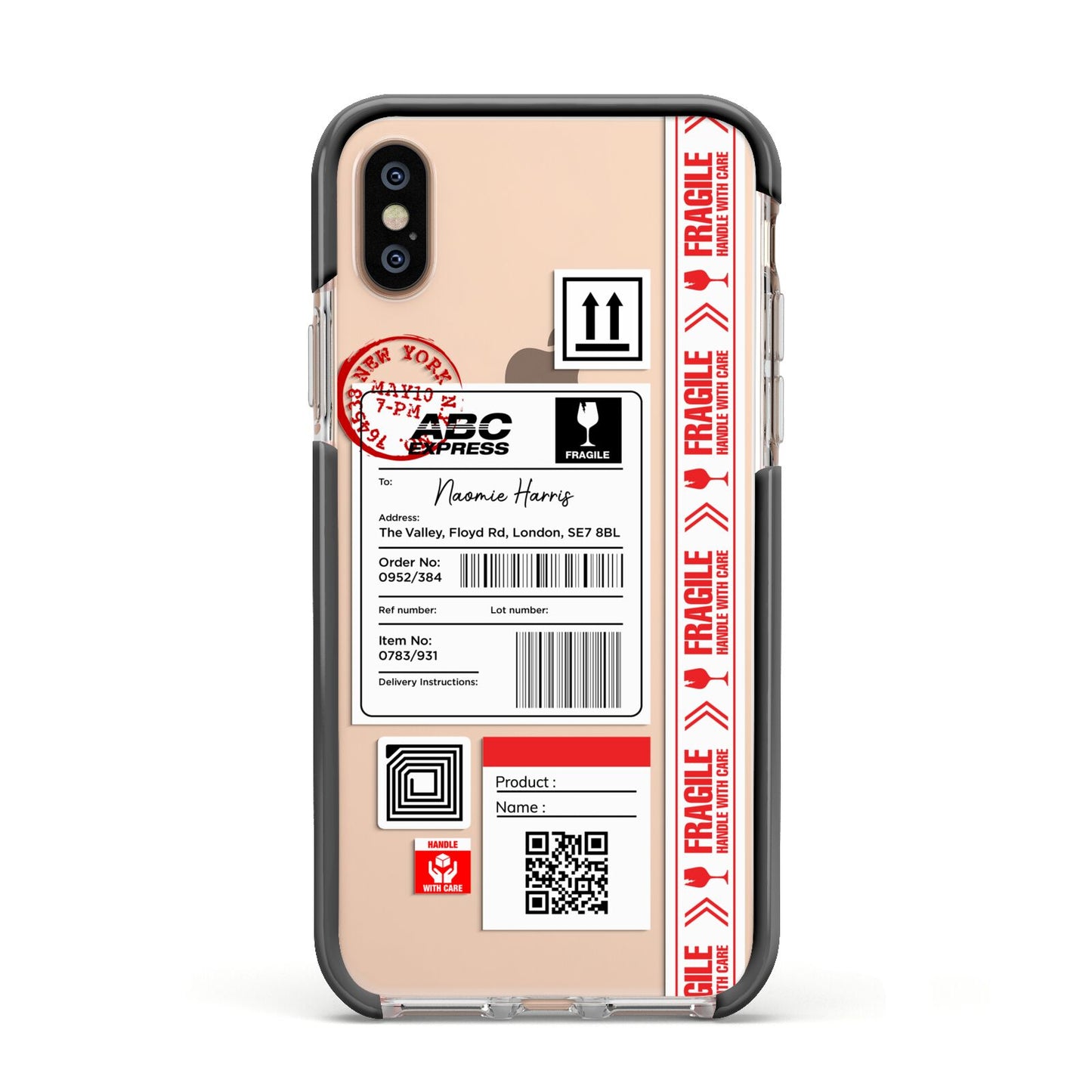Fragile Delivery Labels with Name Apple iPhone Xs Impact Case Black Edge on Gold Phone