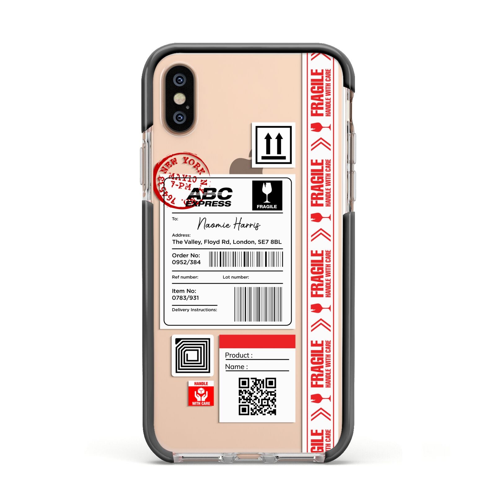 Fragile Delivery Labels with Name Apple iPhone Xs Impact Case Black Edge on Gold Phone