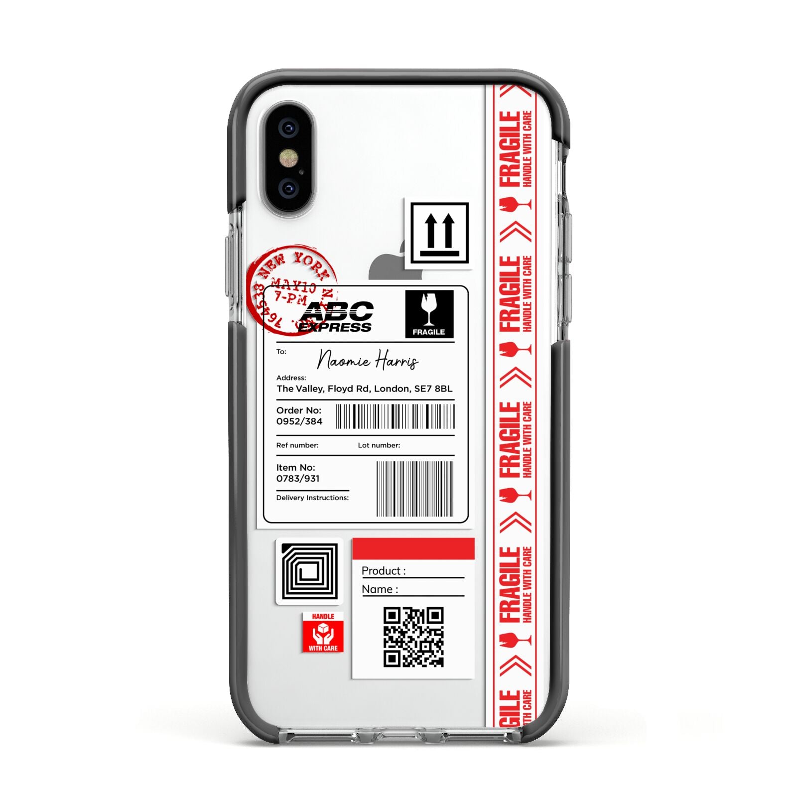 Fragile Delivery Labels with Name Apple iPhone Xs Impact Case Black Edge on Silver Phone