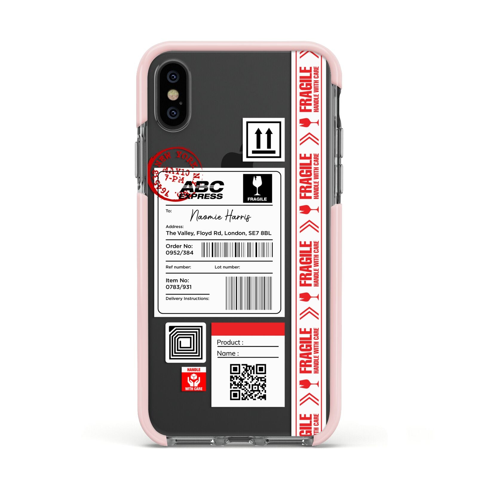 Fragile Delivery Labels with Name Apple iPhone Xs Impact Case Pink Edge on Black Phone
