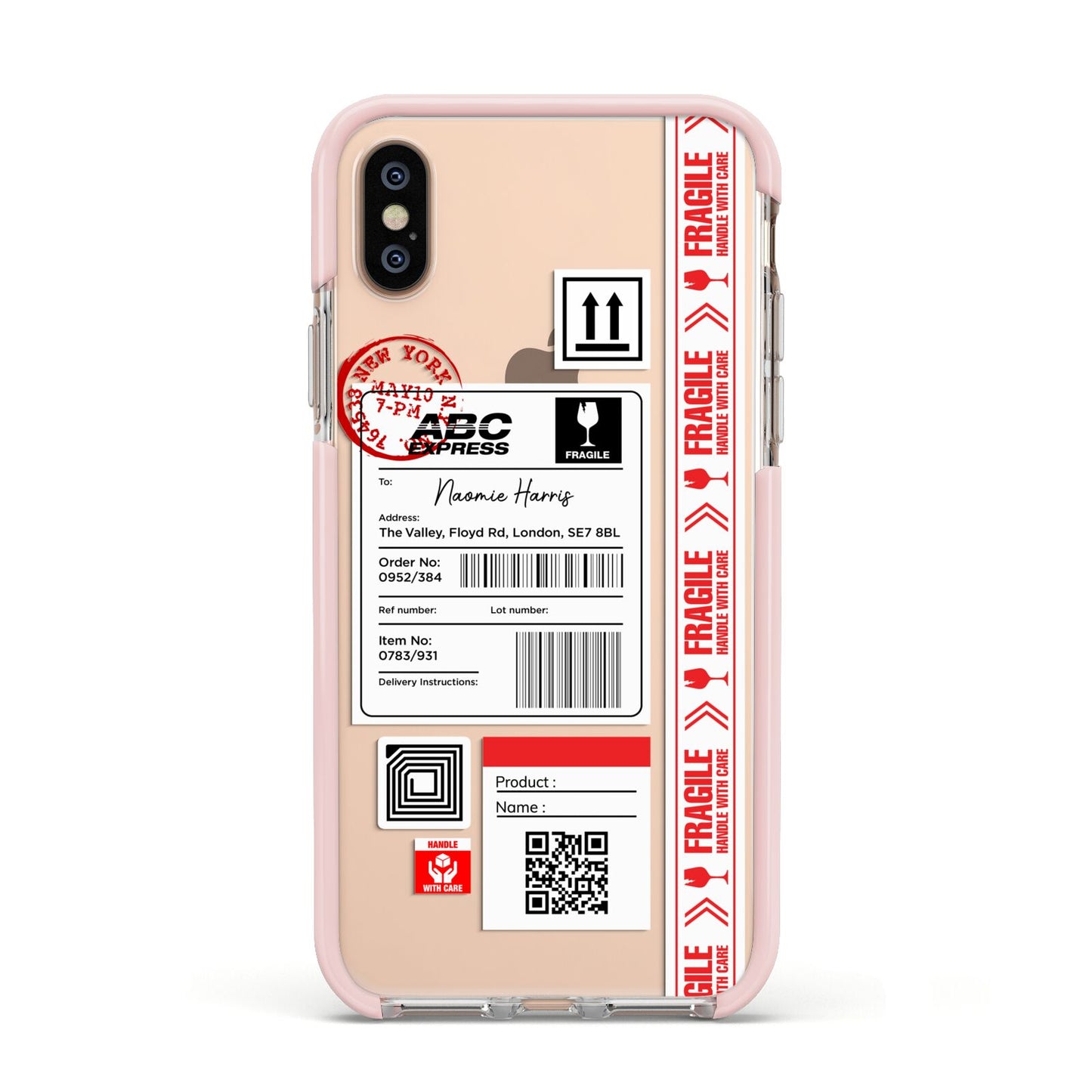 Fragile Delivery Labels with Name Apple iPhone Xs Impact Case Pink Edge on Gold Phone