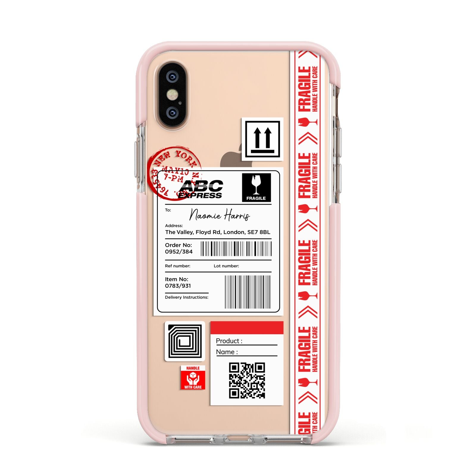 Fragile Delivery Labels with Name Apple iPhone Xs Impact Case Pink Edge on Gold Phone