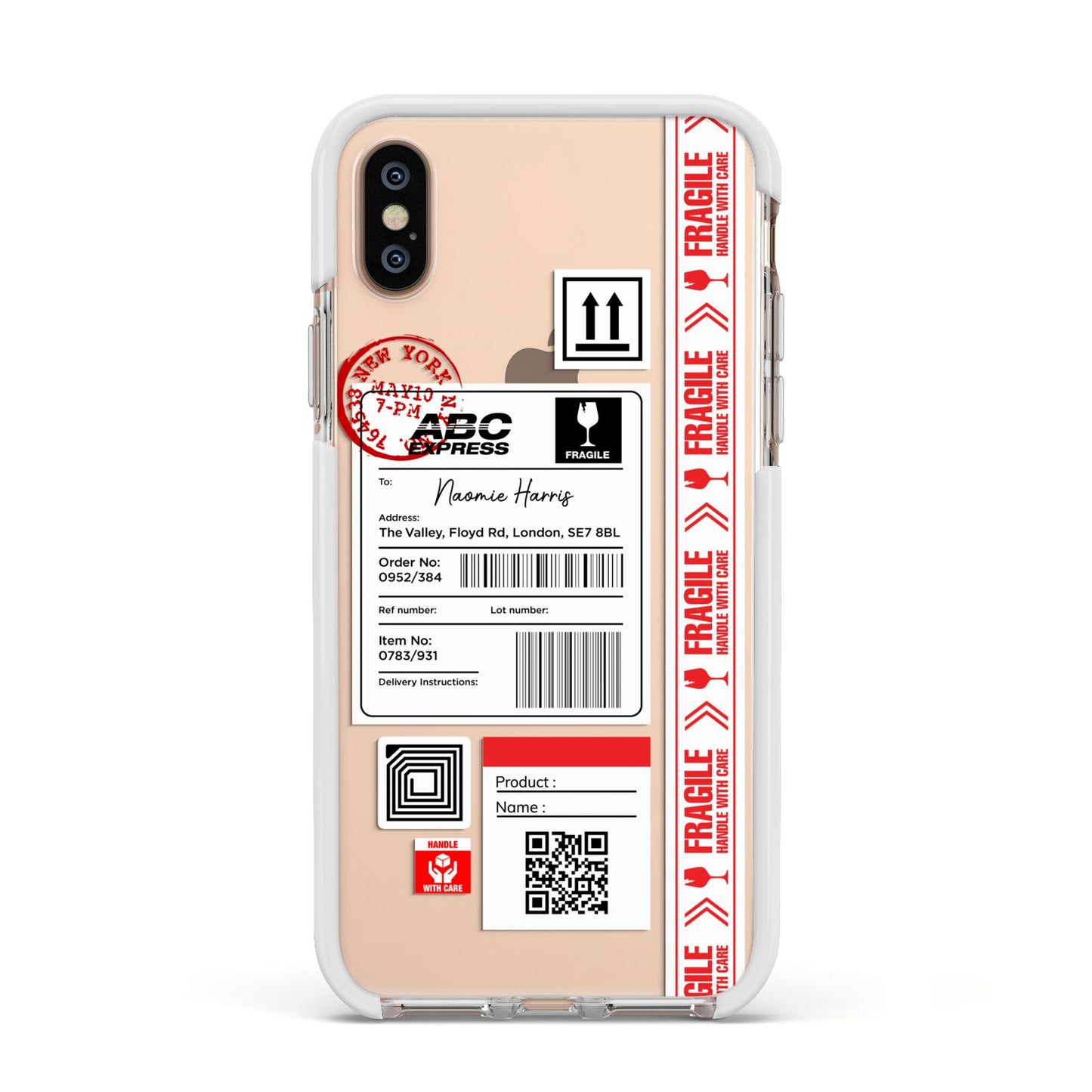 Fragile Delivery Labels with Name Apple iPhone Xs Impact Case White Edge on Gold Phone