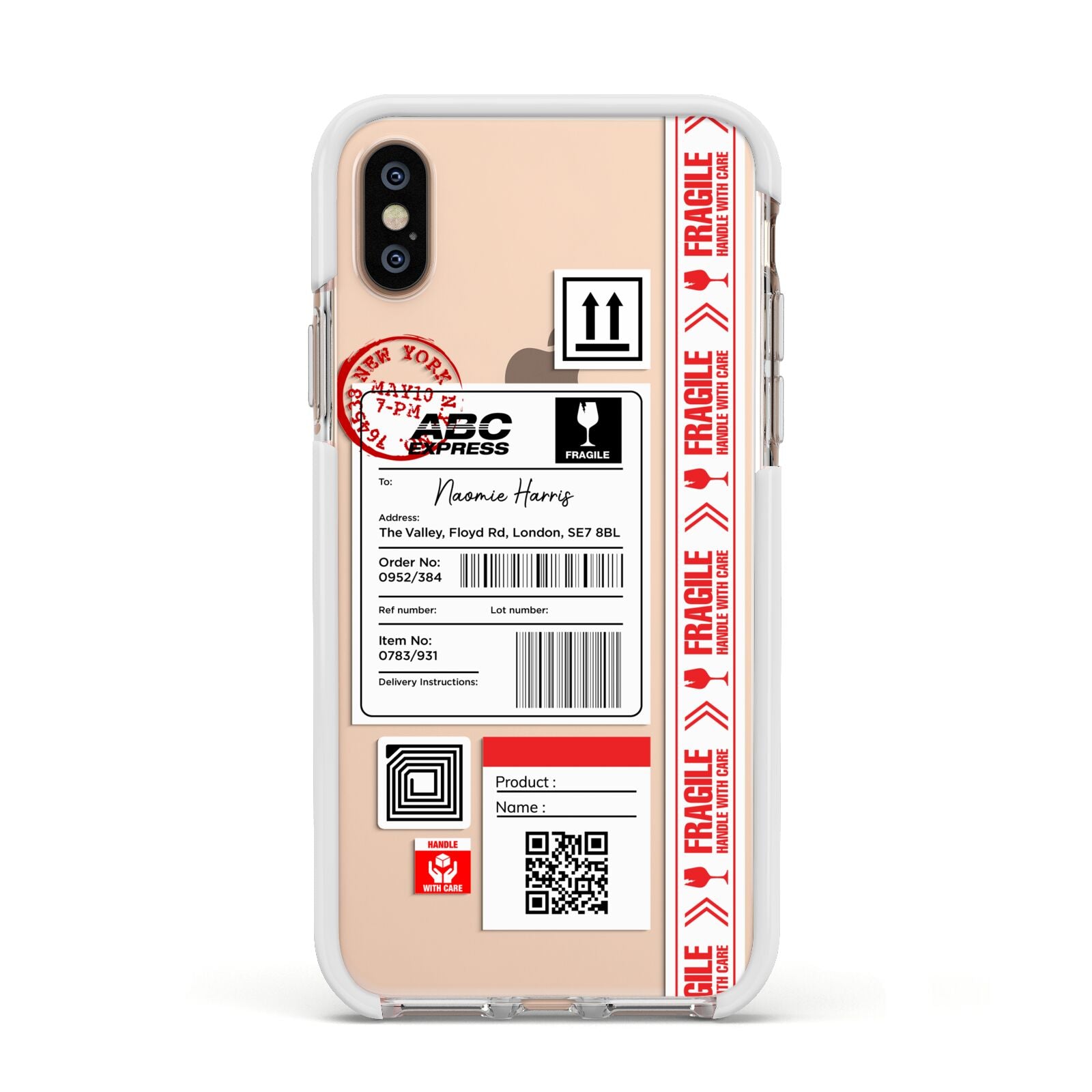 Fragile Delivery Labels with Name Apple iPhone Xs Impact Case White Edge on Gold Phone