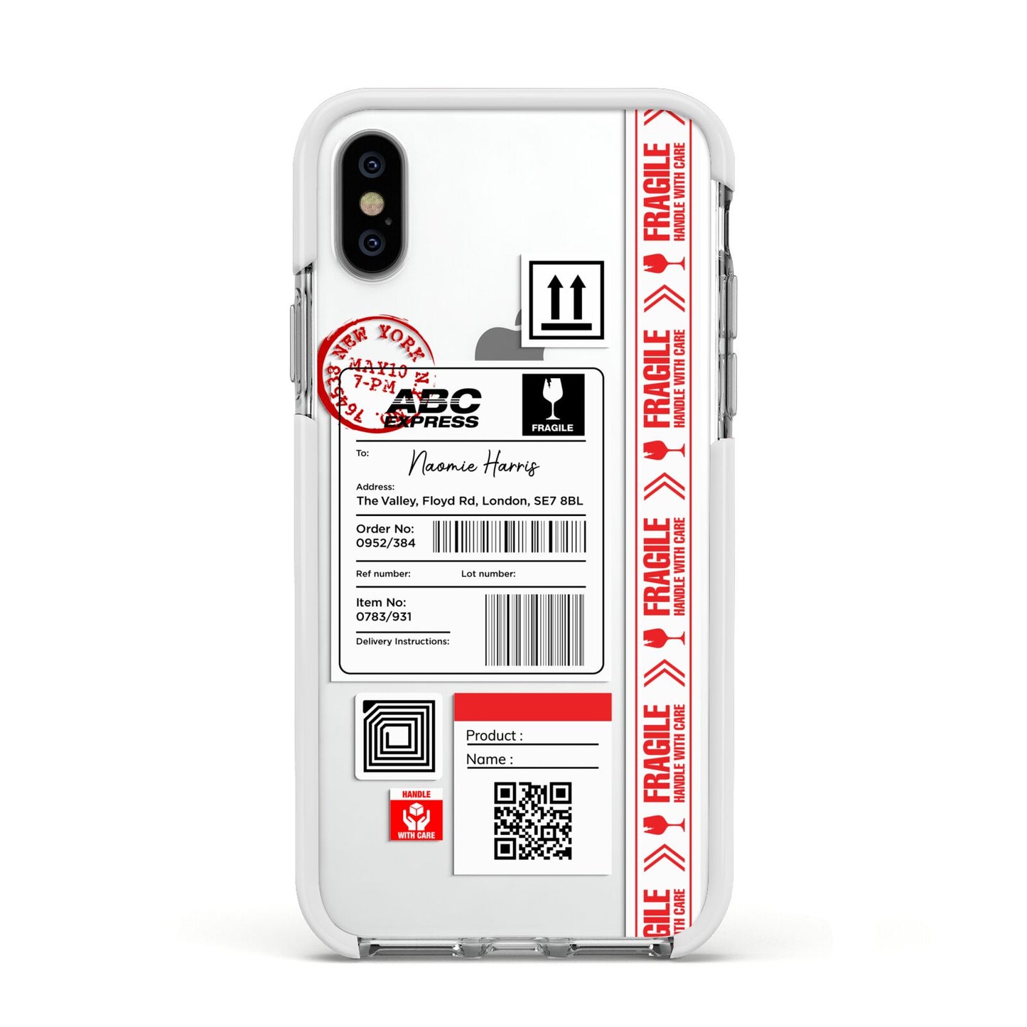 Fragile Delivery Labels with Name Apple iPhone Xs Impact Case White Edge on Silver Phone