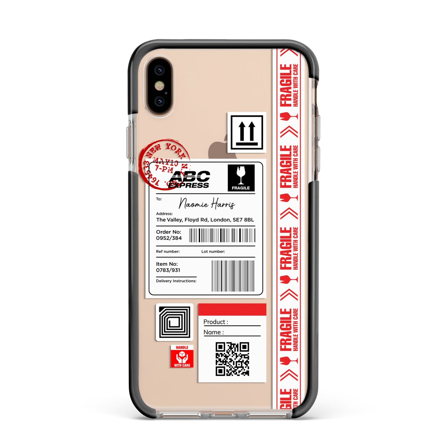 Fragile Delivery Labels with Name Apple iPhone Xs Max Impact Case Black Edge on Gold Phone
