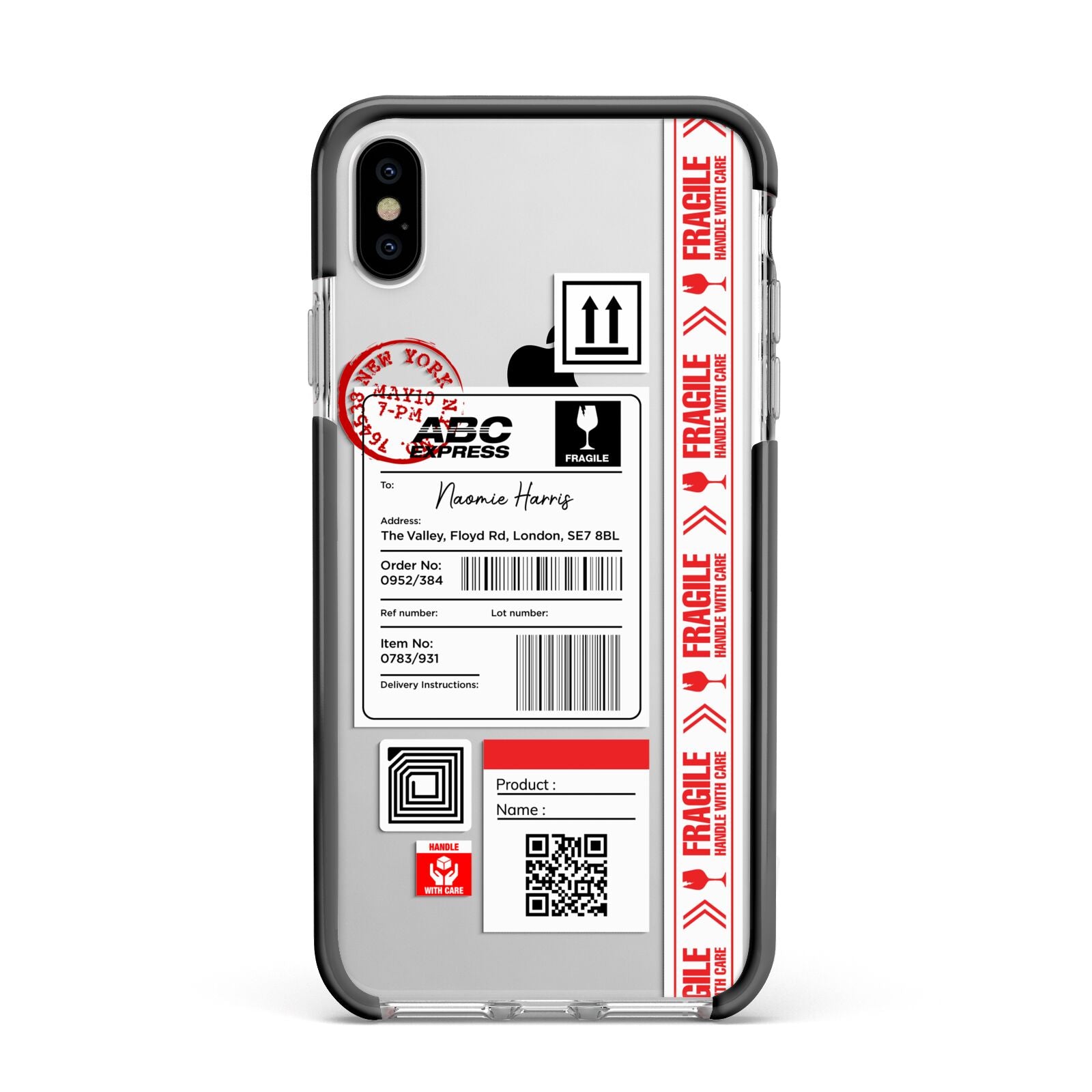 Fragile Delivery Labels with Name Apple iPhone Xs Max Impact Case Black Edge on Silver Phone