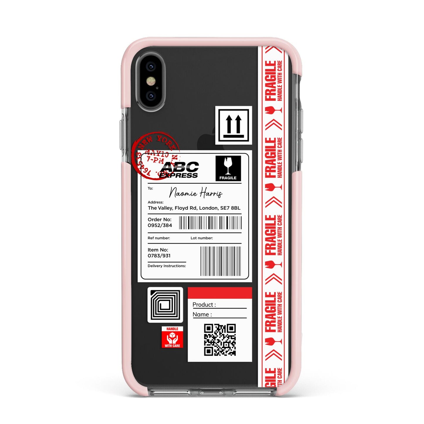 Fragile Delivery Labels with Name Apple iPhone Xs Max Impact Case Pink Edge on Black Phone