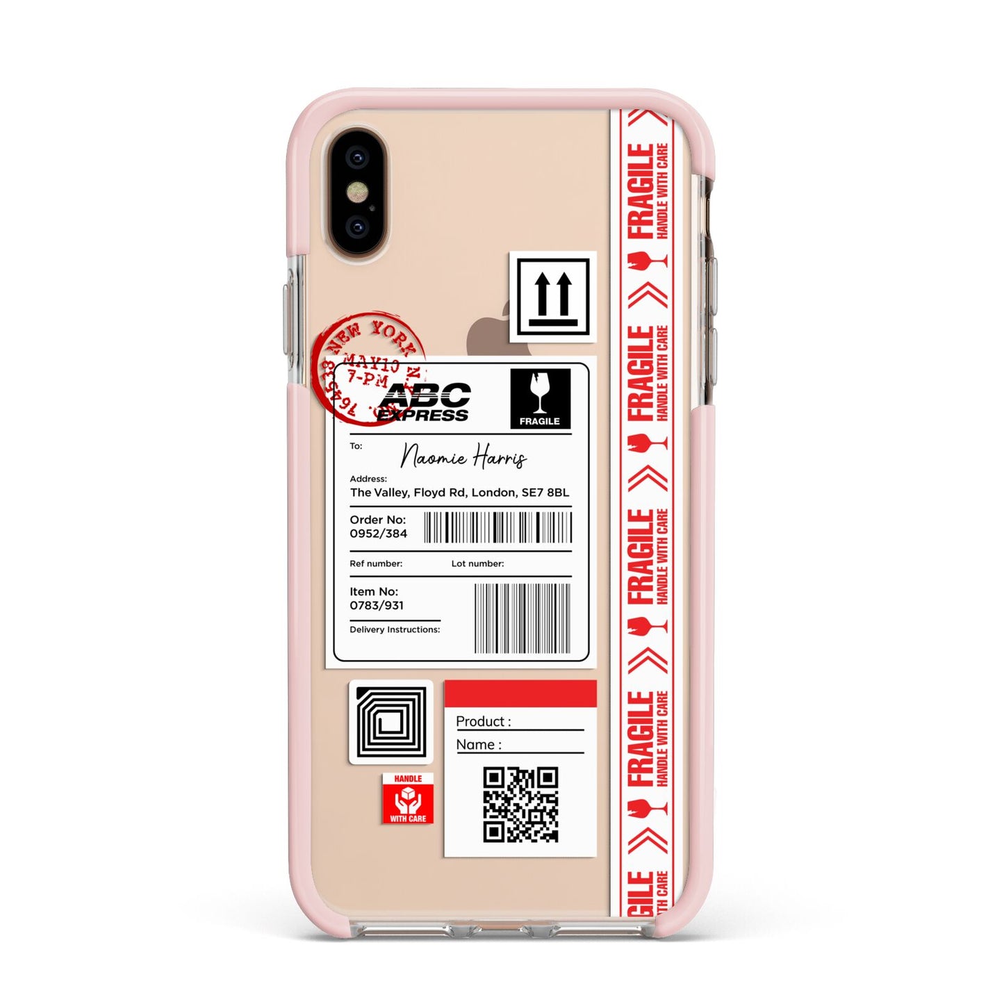 Fragile Delivery Labels with Name Apple iPhone Xs Max Impact Case Pink Edge on Gold Phone