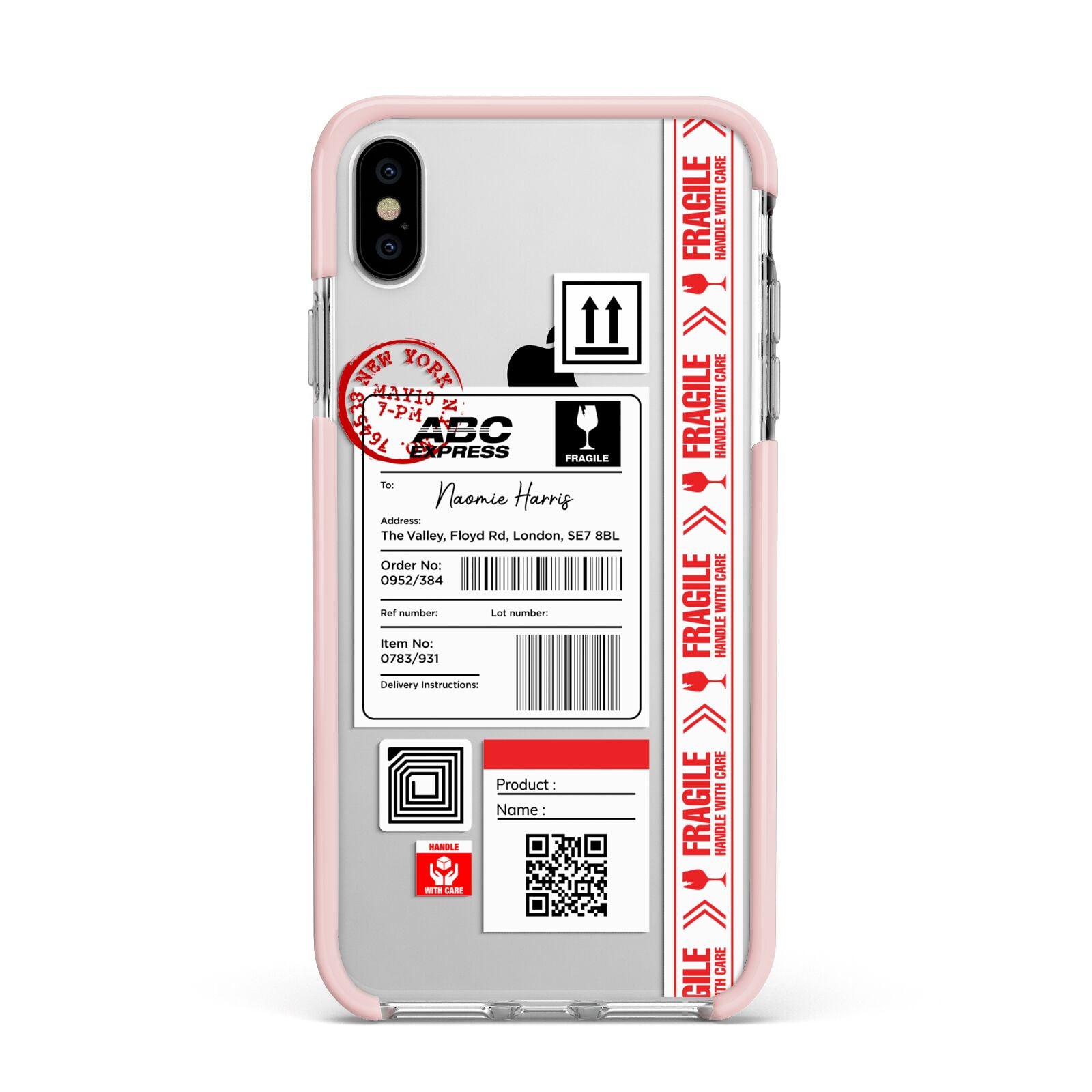 Fragile Delivery Labels with Name Apple iPhone Xs Max Impact Case Pink Edge on Silver Phone