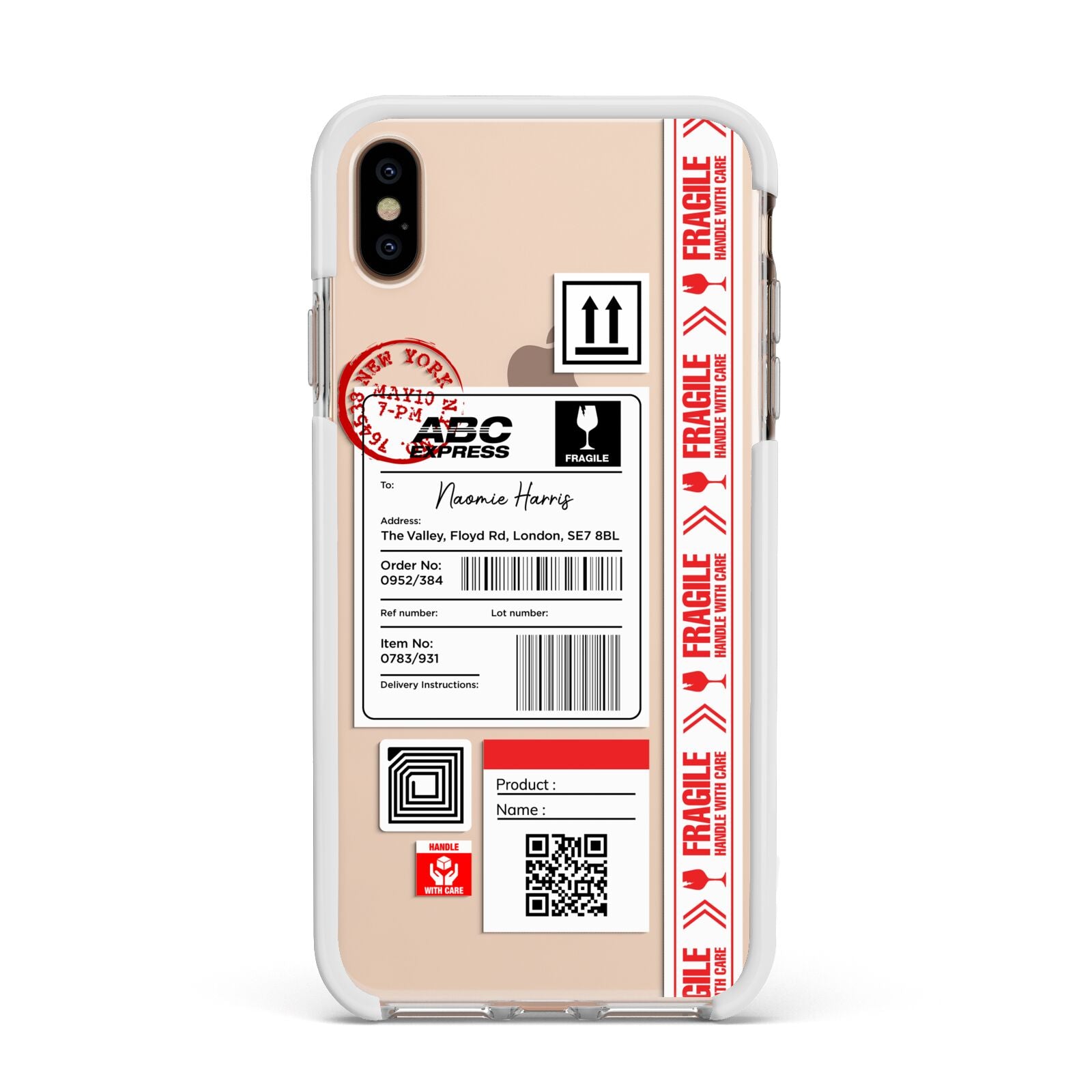 Fragile Delivery Labels with Name Apple iPhone Xs Max Impact Case White Edge on Gold Phone